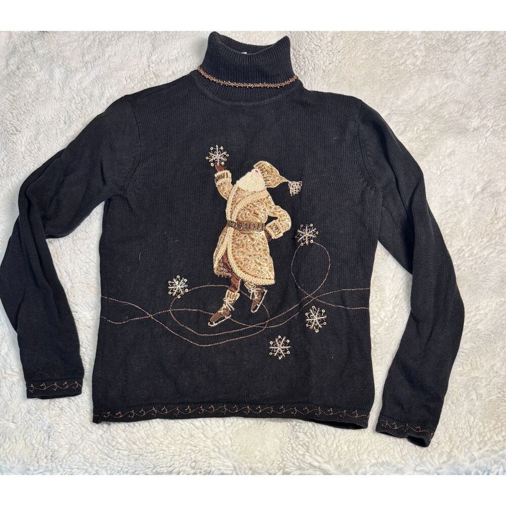 Vintage Talbots Santa Christmas Sweater M Beaded Embroidered Holiday Turtleneck